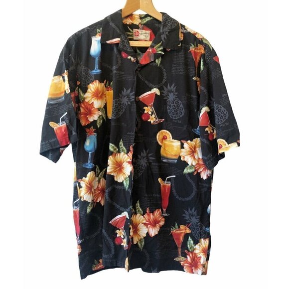 Hilo Hattie Black Tropical Drinks Button Up Shirt - Picture 1 of 6